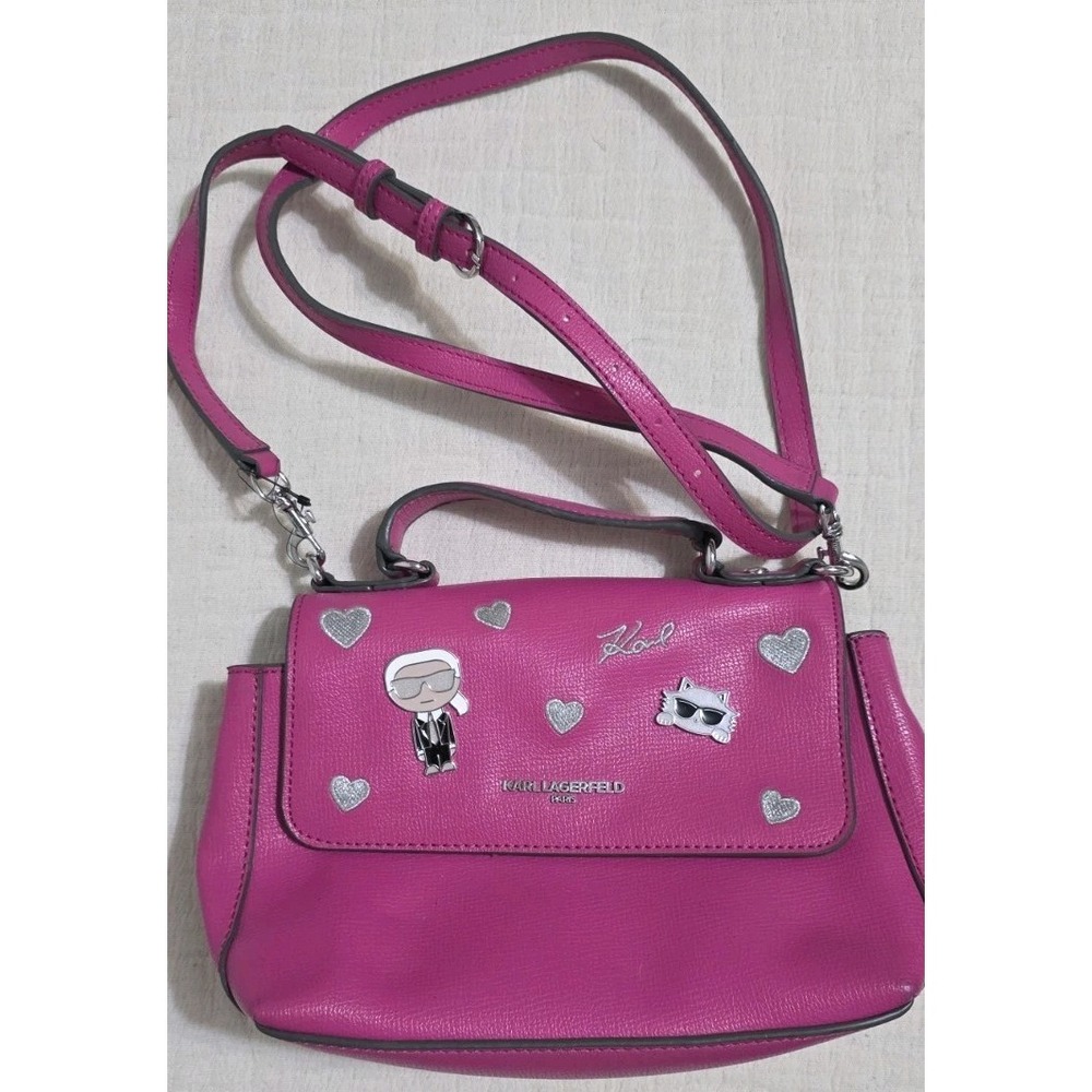 Karl Lagerfeld Paris Logo Hearts Leather‎ Raspberry Crossbody Bag Hot Pink